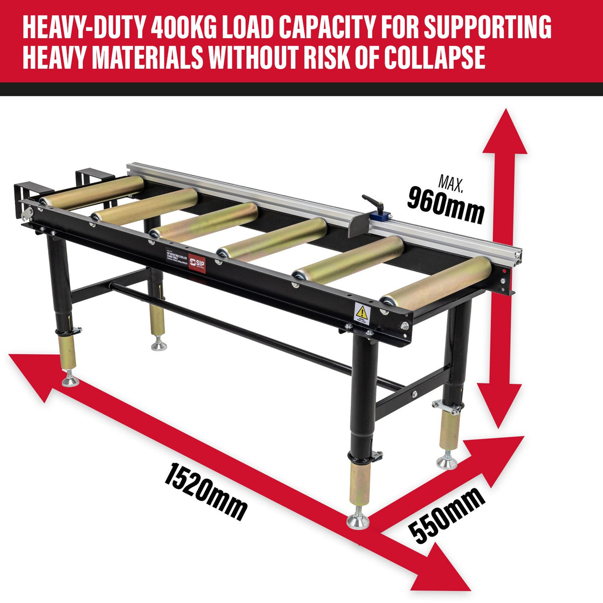 SIP Adjustable Roller Stand Table 1500mm x 400mm 400kg - SIP-01395 - SIP Tools UK - Trade Counter Direct