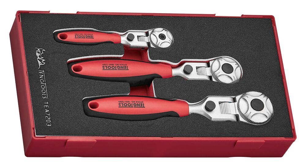 Teng 1/4", 3/8" & 1/2" Ratchet Flex Head Set FOAM1 3 Pieces - TEA7203 - TENGTEA7203 - Teng Tools - Trade Counter Direct