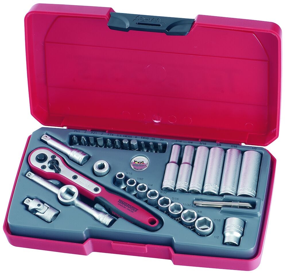 Teng 1/4" Socket Set 6 pt AF 35 Pieces - T1435AF - TENGT1435AF - Teng Tools - Trade Counter Direct