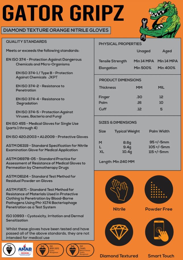 Tough Glove Gator Gripz Diamond Texture Extra Thick Orange Nitrile Gloves - Box of 50 Gloves