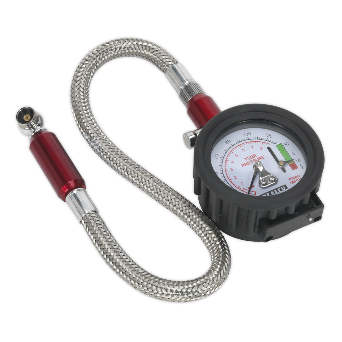 Sealey TSTPDG02 Tyre Pressure Gauge & Tyre Tread Depth Gauge - Flexible Hose 0-8bar(0-120psi)