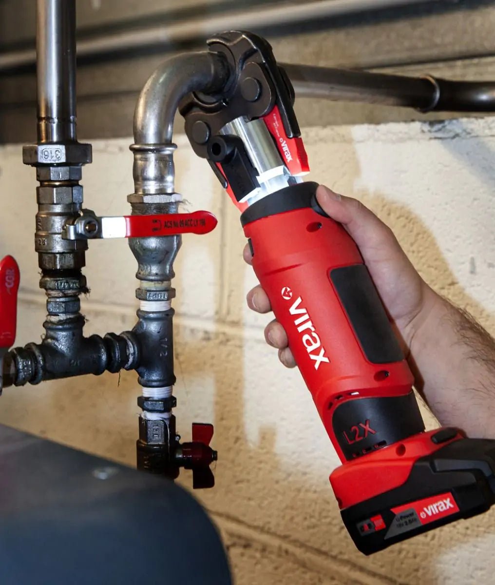 Virax L2X 20kN Cordless Inline Press Machine with Mother Jaw, M15 - 22 - 28 Inserts & 2 Batteries UK - VIR990968 - Virax - Trade Counter Direct