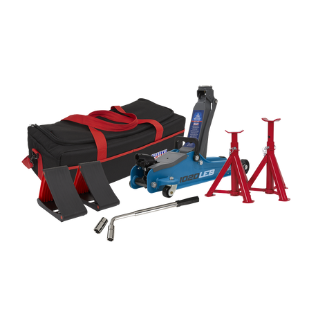 Sealey 1020LEBBAGCOMBO Low Profile Short Chassis Trolley Jack 2 Tonne & Accessories Bag Combo - Blue