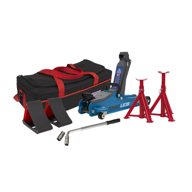 Sealey 1020LEBBAGCOMBO Low Profile Short Chassis Trolley Jack 2 Tonne & Accessories Bag Combo - Blue
