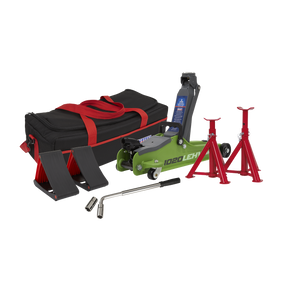 Sealey 1020LEHVBAGCOMBO Low Entry Short Chassis Trolley Jack & Accessories Bag Combo, 2 Tonne - Green