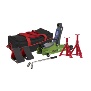 Sealey 1020LEHVBAGCOMBO Low Entry Short Chassis Trolley Jack & Accessories Bag Combo, 2 Tonne - Green