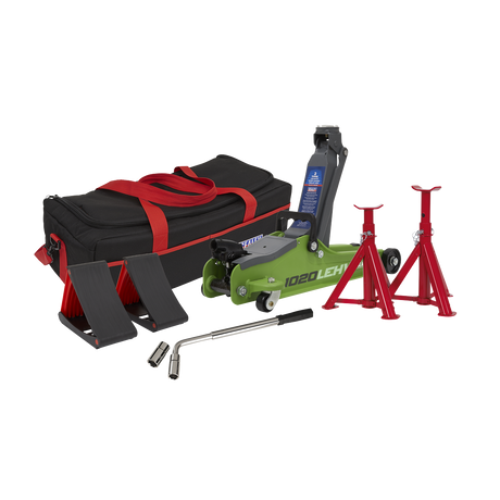 Sealey 1020LEHVBAGCOMBO Low Entry Short Chassis Trolley Jack & Accessories Bag Combo, 2 Tonne - Green