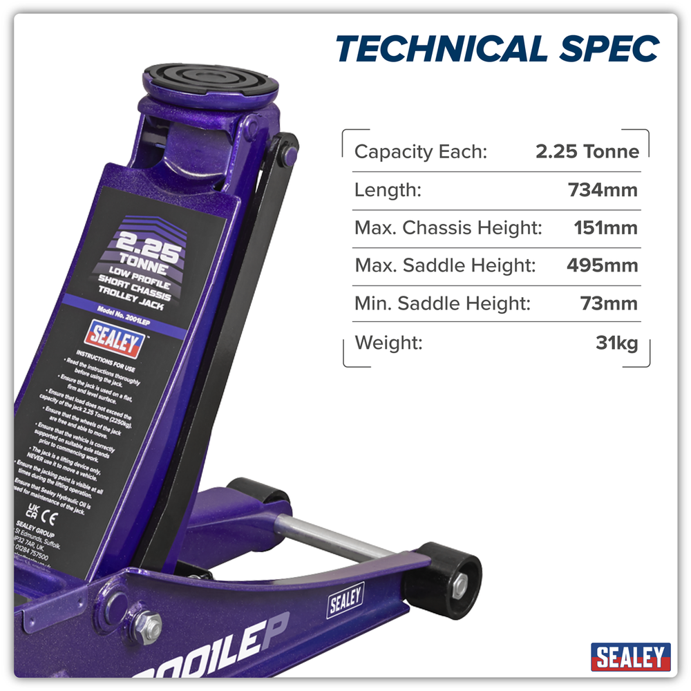 Sealey 2001LEP Low Profile Trolley Jack with Rocket Lift 2.25 Tonne - Purple - additional view 7