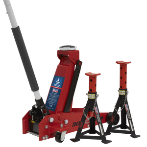 Sealey 3010CX Standard Chassis Trolley Jack 3 Tonne with Axle Stands (Pair) 3 Tonne Capacity per Stand