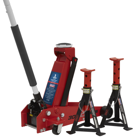 Sealey 3010CX Standard Chassis Trolley Jack 3 Tonne with Axle Stands (Pair) 3 Tonne Capacity per Stand