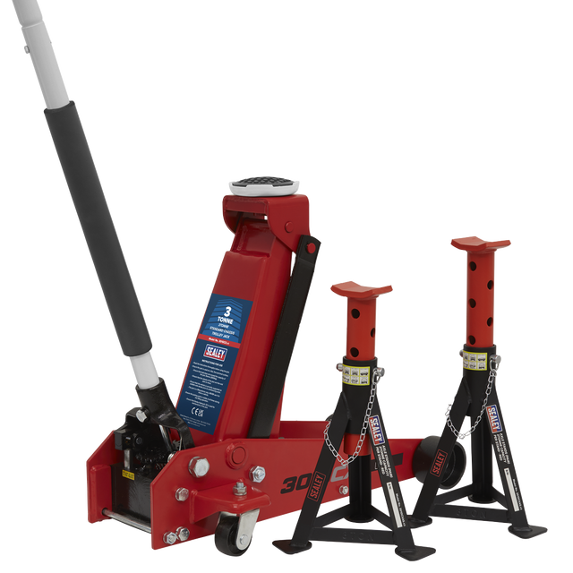 Sealey 3010CX Standard Chassis Trolley Jack 3 Tonne with Axle Stands (Pair) 3 Tonne Capacity per Stand