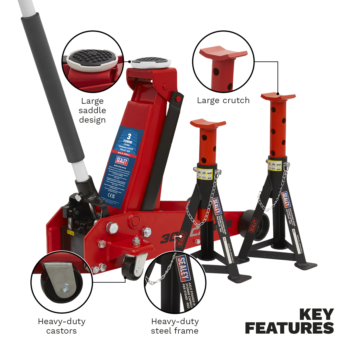 Sealey 3010CX Standard Chassis Trolley Jack 3 Tonne with Axle Stands (Pair) 3 Tonne Capacity per Stand - additional view 4