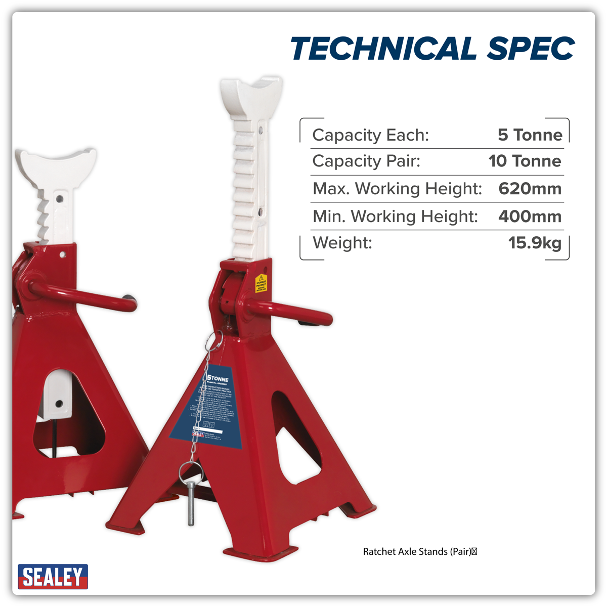 Sealey AAS5000 Auto Rise Ratchet Axle Stands (Pair) 5 Tonne Capacity per Stand - additional view 8