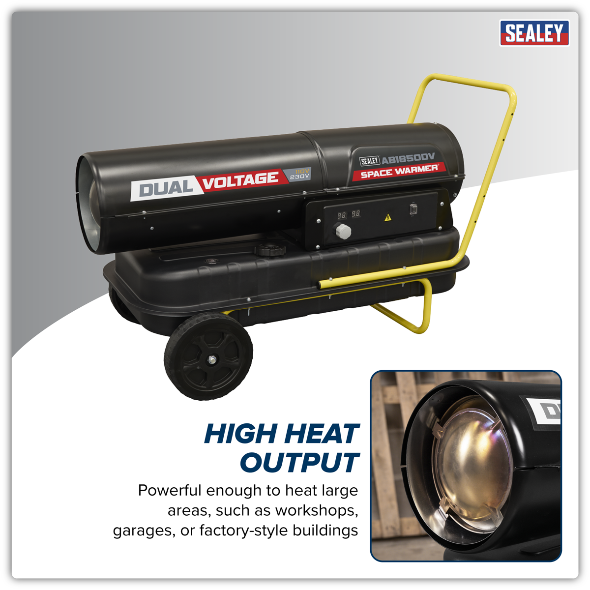 Sealey AB1850DV Dual Voltage Space Warmer® Kerosene/Diesel Heater with Wheels 185,000Btu/hr(55kW) - additional view 3