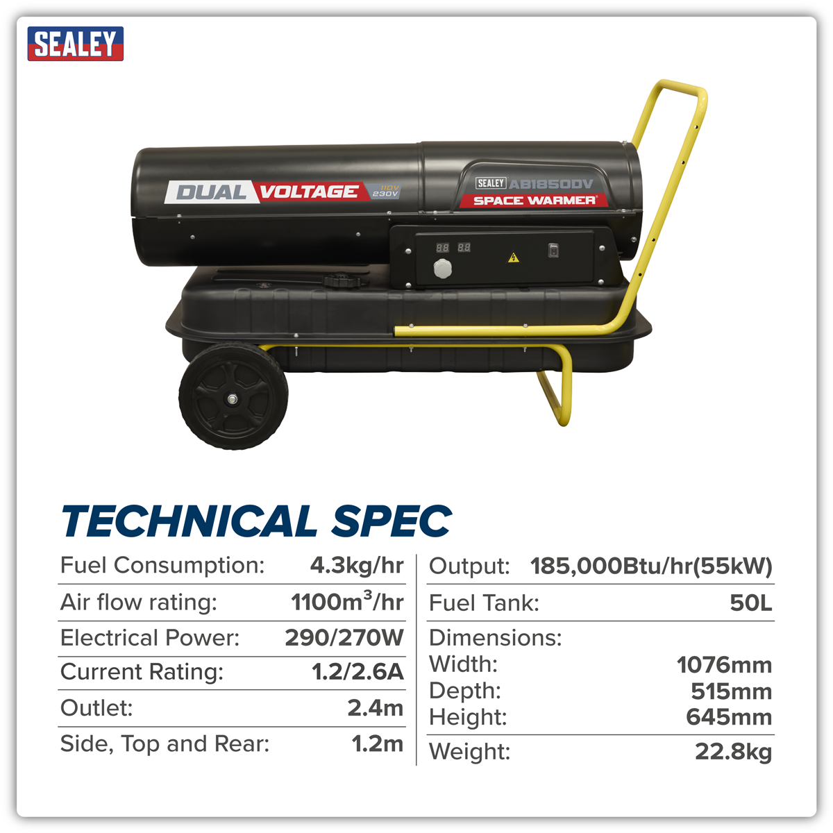Sealey AB1850DV Dual Voltage Space Warmer® Kerosene/Diesel Heater with Wheels 185,000Btu/hr(55kW) - additional view 5
