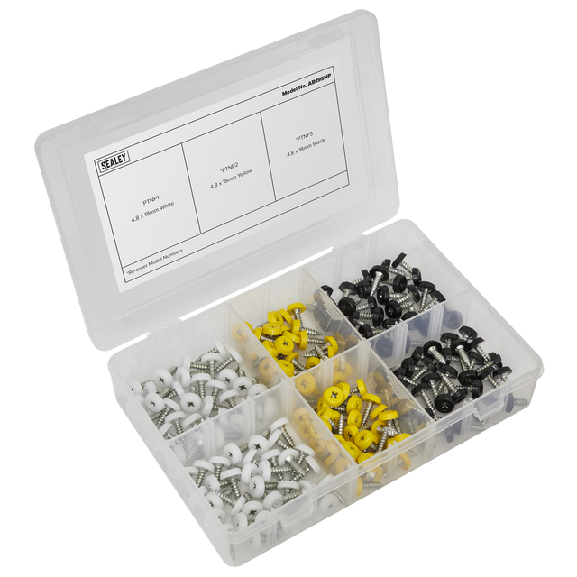 Sealey AB195NP Numberplate Screw Assortment 4.8mm x 18mm 195pc - Plastic Enclosed Head