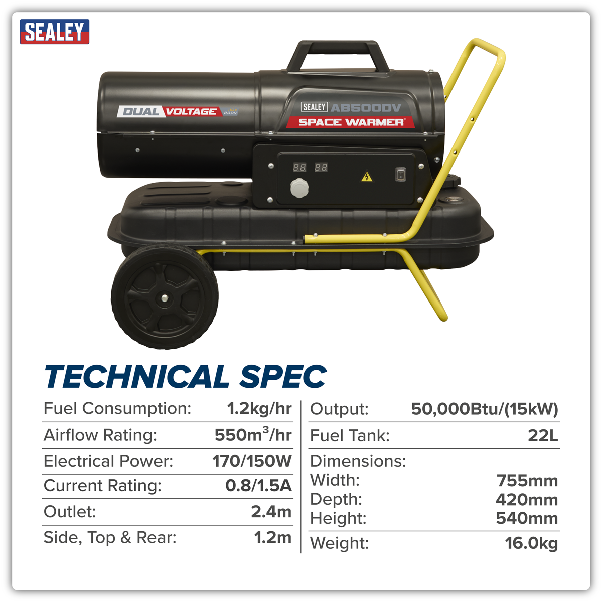 Sealey AB500DV Dual Voltage Kerosene/Diesel Space Warmer® Heater with Wheels 50,000Btu/hr - additional view 5