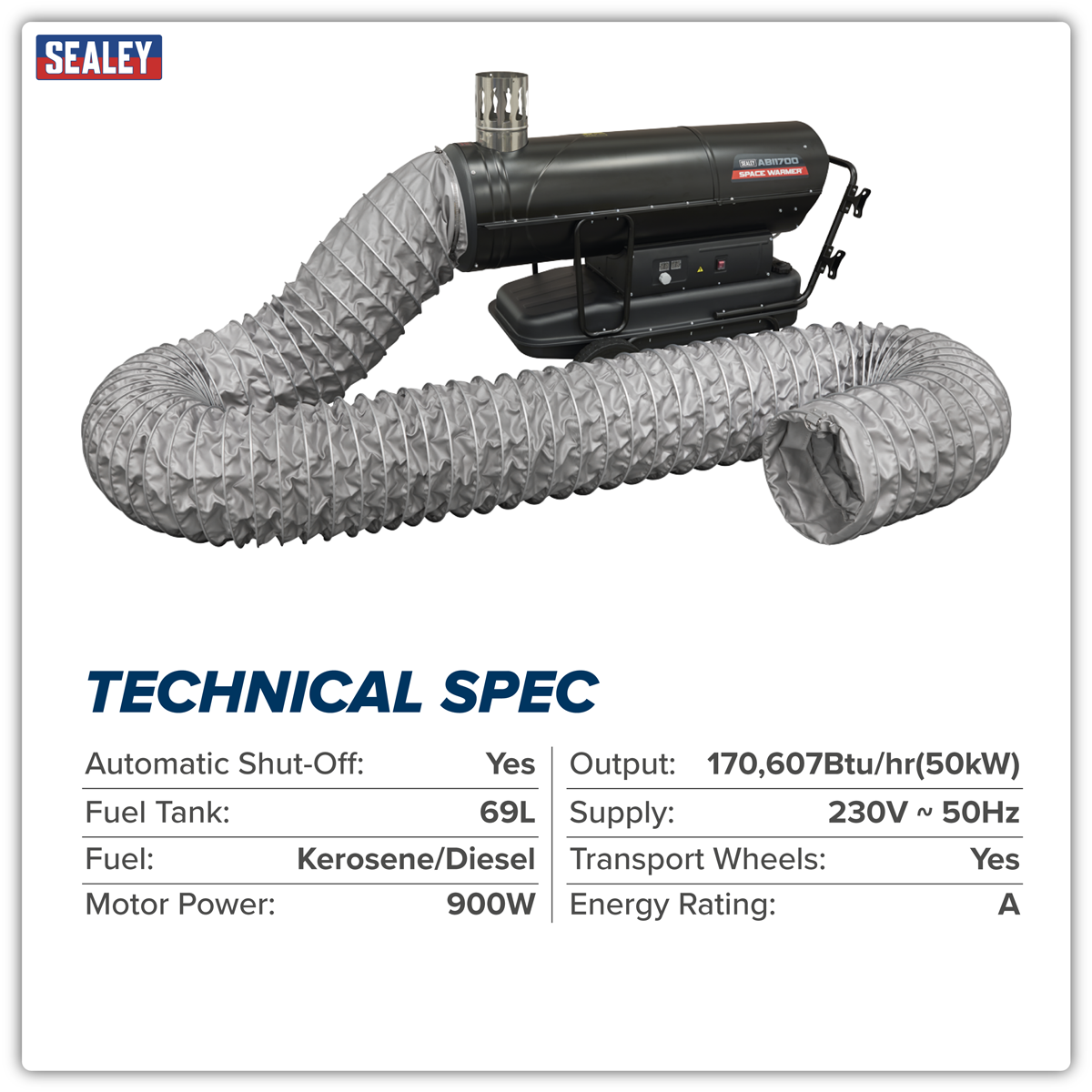 Sealey ABI1700COMBO Space Warmer® Indirect Kerosene/Diesel Heater 170,000Btu/hr with 5M Ducting - additional view 3