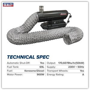 Sealey ABI1700COMBO Space Warmer® Indirect Kerosene/Diesel Heater 170,000Btu/hr with 5M Ducting - additional view 3