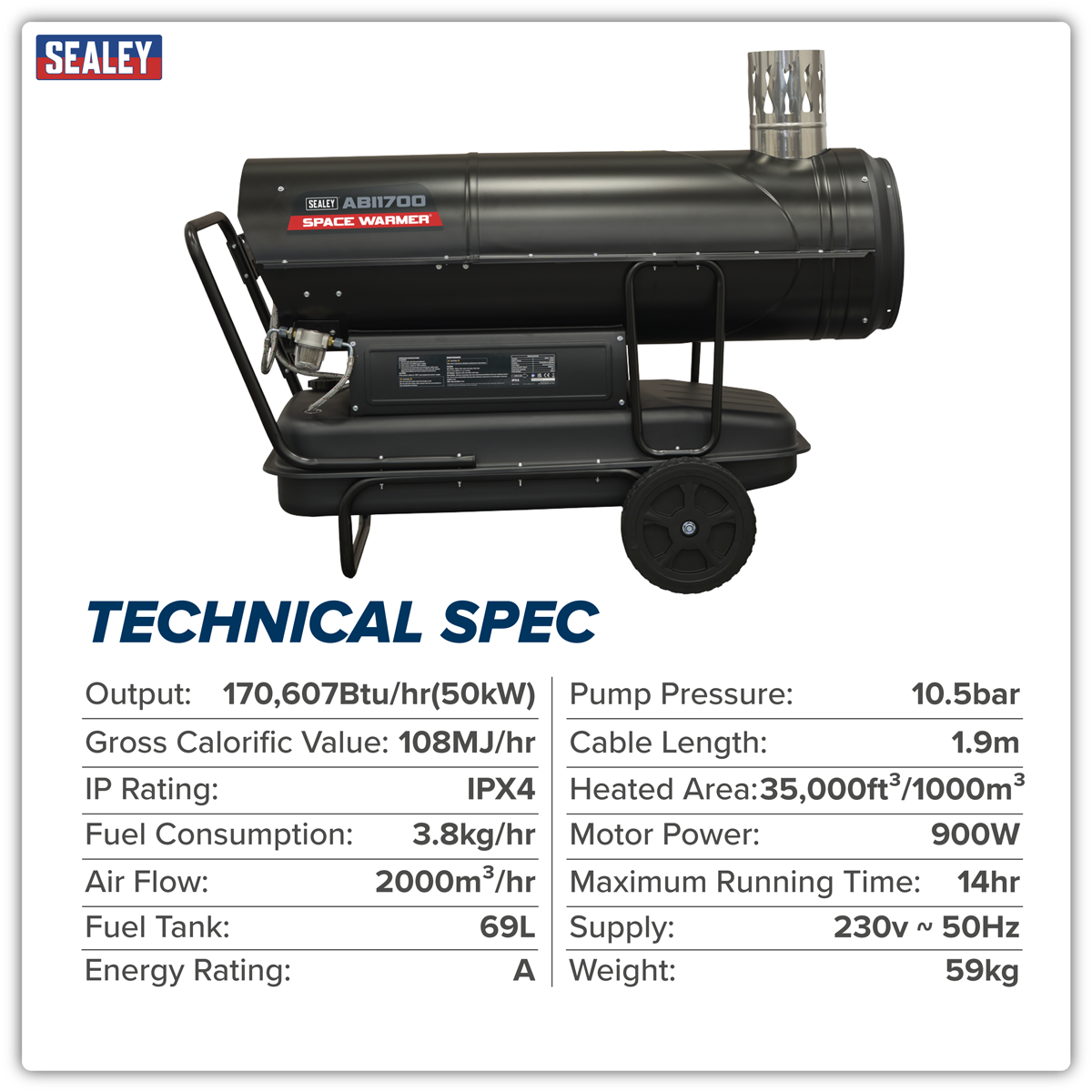 Sealey ABI1700 Space Warmer® Indirect Kerosene/Diesel Heater with Wheels 170,000Btu/hr - additional view 12