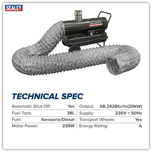Sealey ABI600COMBO Space Warmer® Indirect Kerosene/Diesel Heater 68,000Btu/hr with 5M Ducting - additional view 5