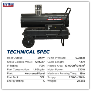 Sealey ABI600 Space Warmer® Indirect Kerosene/Diesel Heater with Wheels 68,000Btu/hr - additional view 12