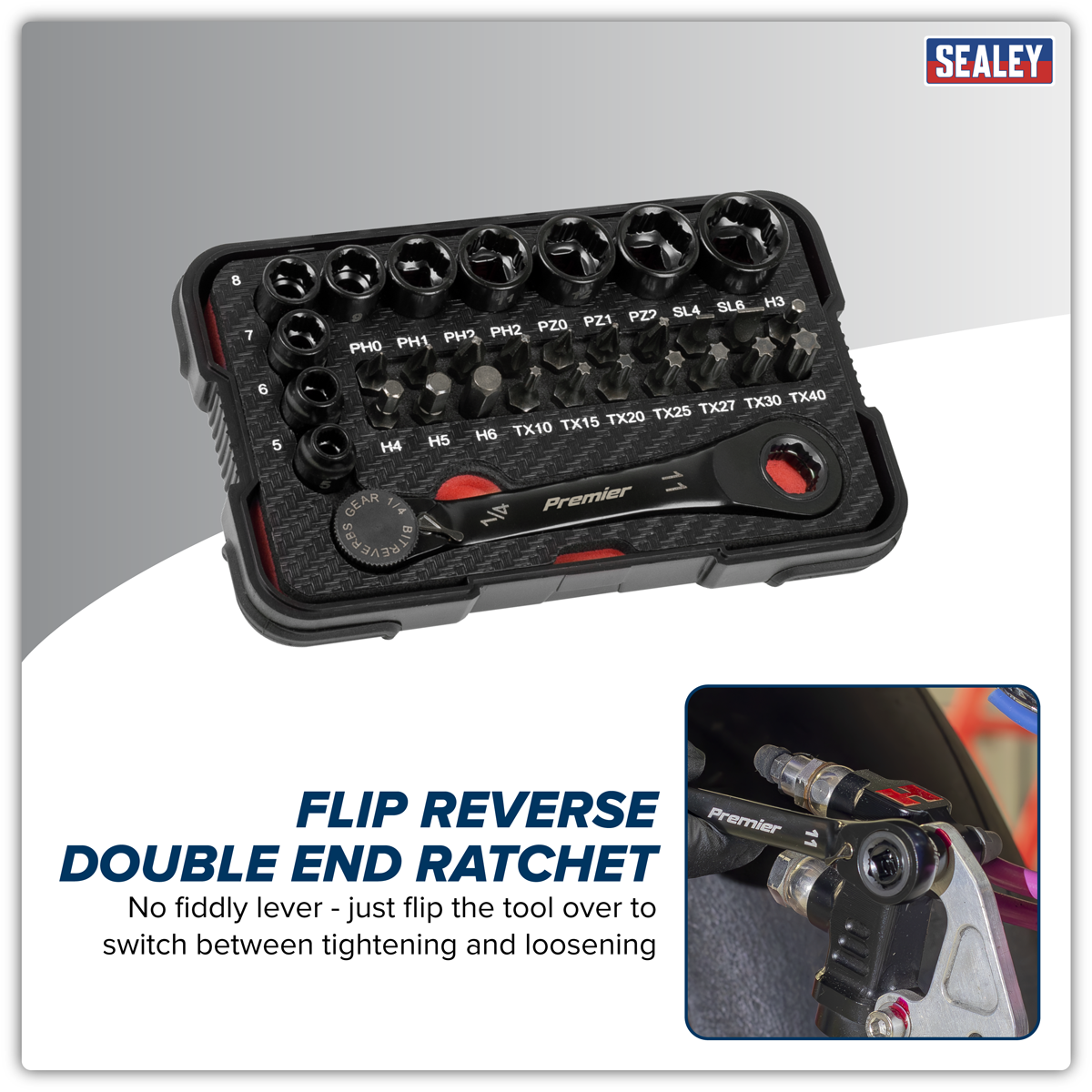 Sealey AK2112 Premier Black Go-Through Lock-On™ Low Profile Socket & Bit Set 1/4"Sq Drive 31pc - additional view 8