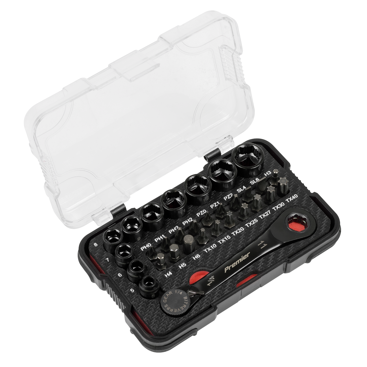 Sealey AK2112 Premier Black Go-Through Lock-On™ Low Profile Socket & Bit Set 1/4"Sq Drive 31pc