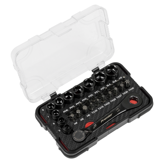 Sealey AK2112 Premier Black Go-Through Lock-On™ Low Profile Socket & Bit Set 1/4"Sq Drive 31pc