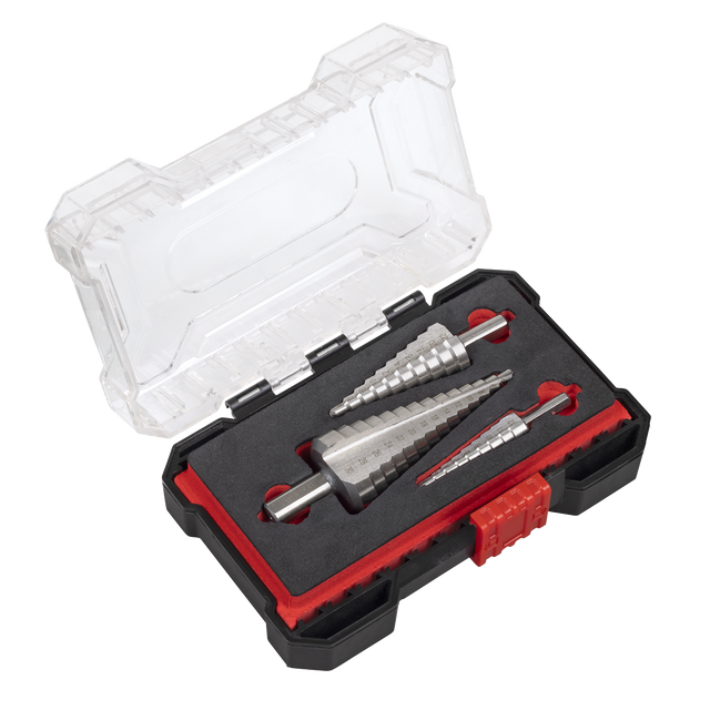 Sealey AK4746 Straight Flute HSS 4341 Step Drill Bit Set 3pc