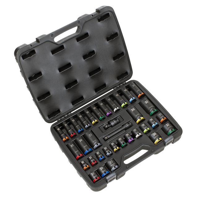 Sealey AK5636M Lock-On™ Standard & Deep Impact Socket Set 34pc 1/2"Sq Drive 6pt Metric