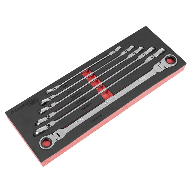 Sealey AK63832 Premier Extra-Long Flexi-Head Double End Ratchet Ring Spanner Set 6pc