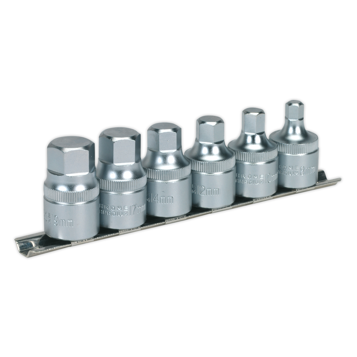Sealey AK6561 Premier Stubby Hex Socket Bit Set with Rail 1/2"Sq Drive 6pc