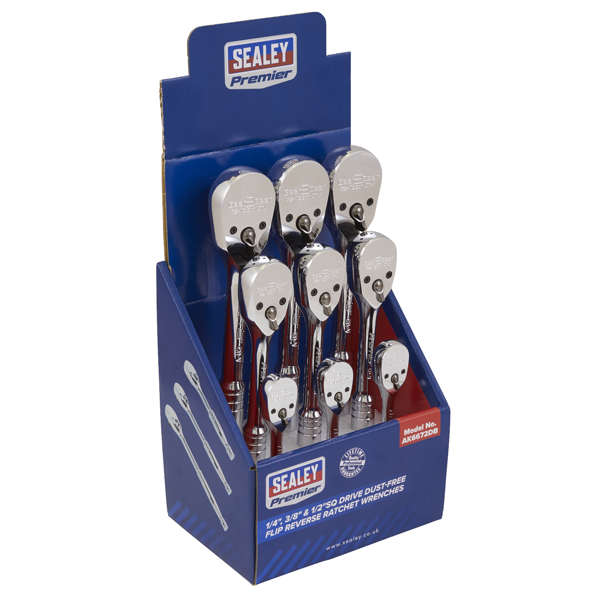 Sealey AK6672DB Premier Pear-Head Ratchet Wrenches with Flip Reverse 1/4", 3/8" & 1/2"Sq Drive - Display Box of 9