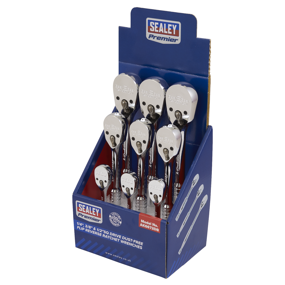 Sealey AK6672DB Premier Pear-Head Ratchet Wrenches with Flip Reverse 1/4", 3/8" & 1/2"Sq Drive - Display - additional view 2