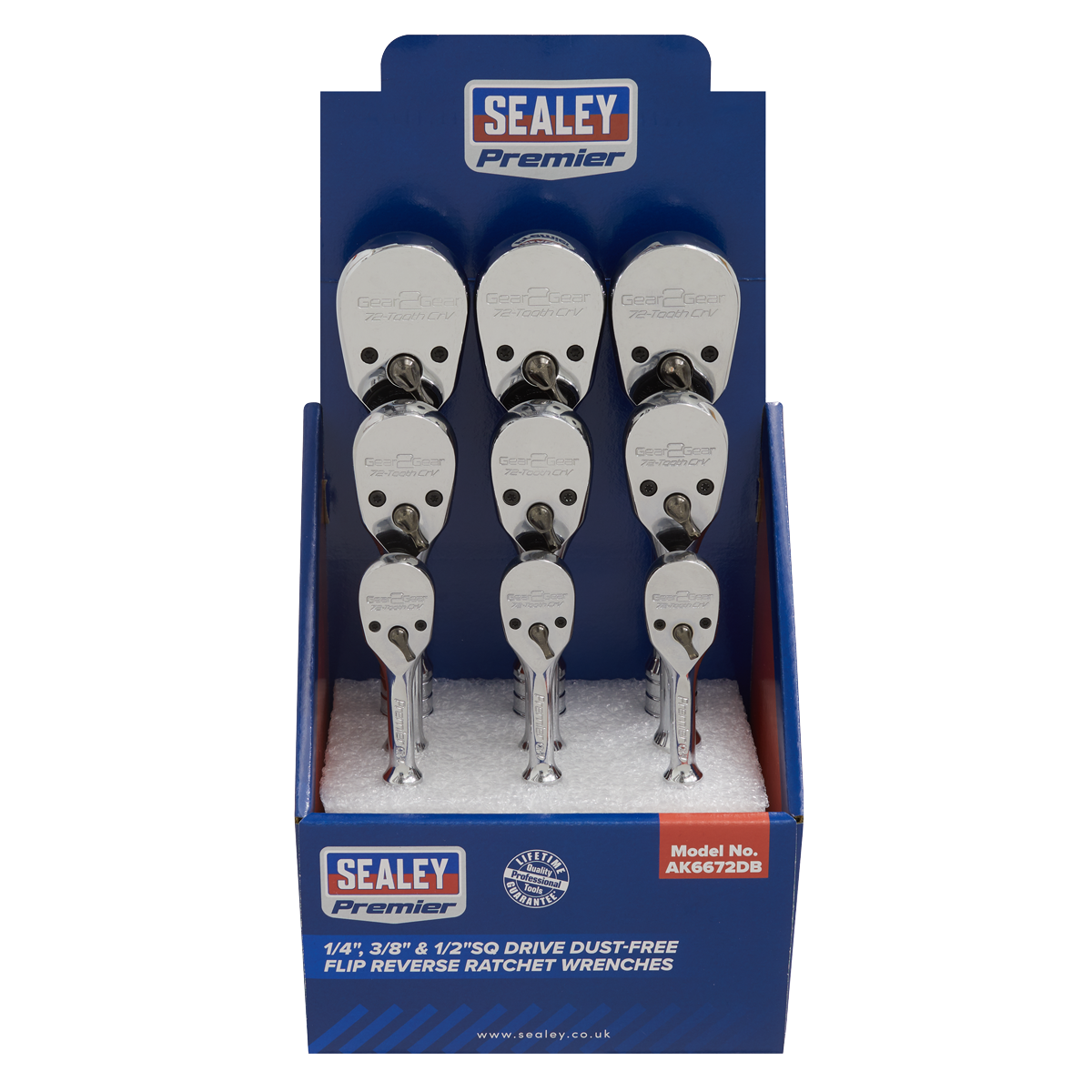 Sealey AK6672DB Premier Pear-Head Ratchet Wrenches with Flip Reverse 1/4", 3/8" & 1/2"Sq Drive - Display - additional view 3