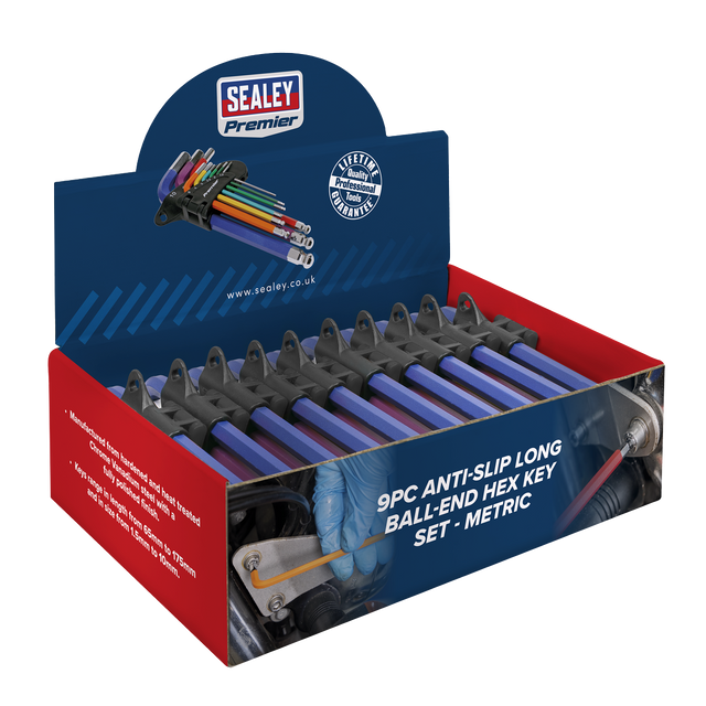 Sealey AK7190DB Premier Long Colour-Coded Ball-End Hex Key Set 9pc - Display Box of 10