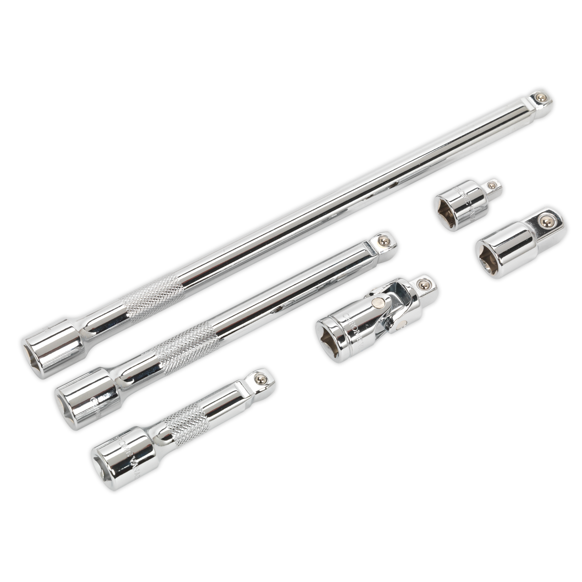 Sealey AK7690 Premier Wobble/Rigid Extension Bar, Adaptor & Universal Joint Set 3/8"Sq Drive 6pc