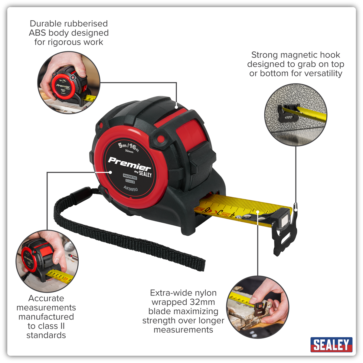 Sealey AK9850 Premier Metric/Imperial Tape Measure Extra-Wide Blade 5m(16ft) x 32mm - additional view 5