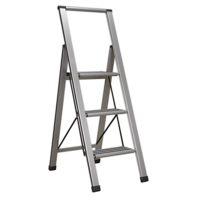 Sealey APSL3 Aluminium Professional Fold-Flat Step Ladder 3-Step 150kg Capacity - EN 14183