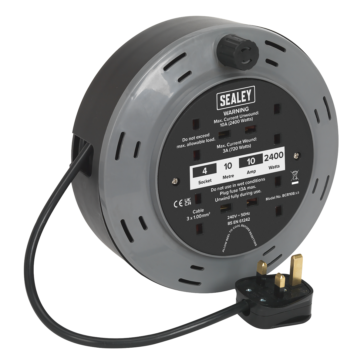 Sealey BCR10B 10m Cassette Type Cable Reel with Thermal Trip 4 x 230V