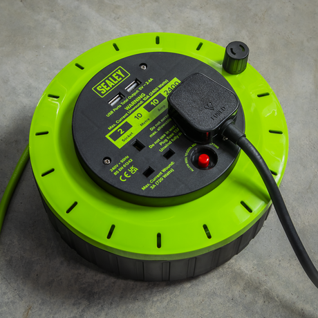 Sealey BCR10G 10m Cassette Type Cable Reel with Thermal Trip 2 x 230V & 2 x USB - Hi-Vis Green - additional view 2