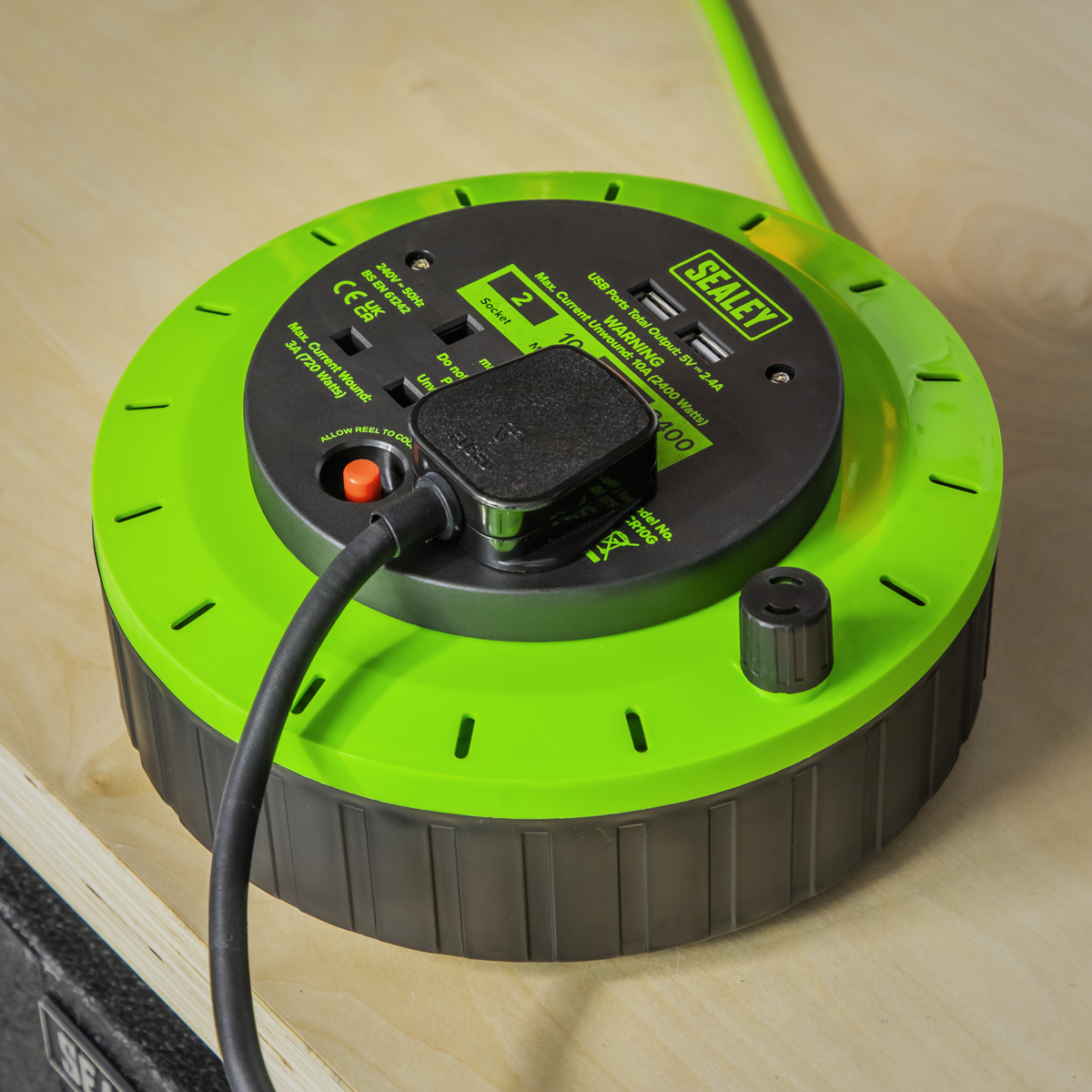 Sealey BCR10G 10m Cassette Type Cable Reel with Thermal Trip 2 x 230V & 2 x USB - Hi-Vis Green - additional view 3