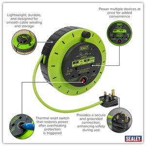 Sealey BCR10G 10m Cassette Type Cable Reel with Thermal Trip 2 x 230V & 2 x USB - Hi-Vis Green - additional view 8