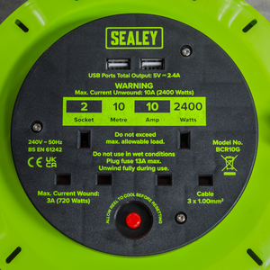 Sealey BCR10G 10m Cassette Type Cable Reel with Thermal Trip 2 x 230V & 2 x USB - Hi-Vis Green - additional view 5