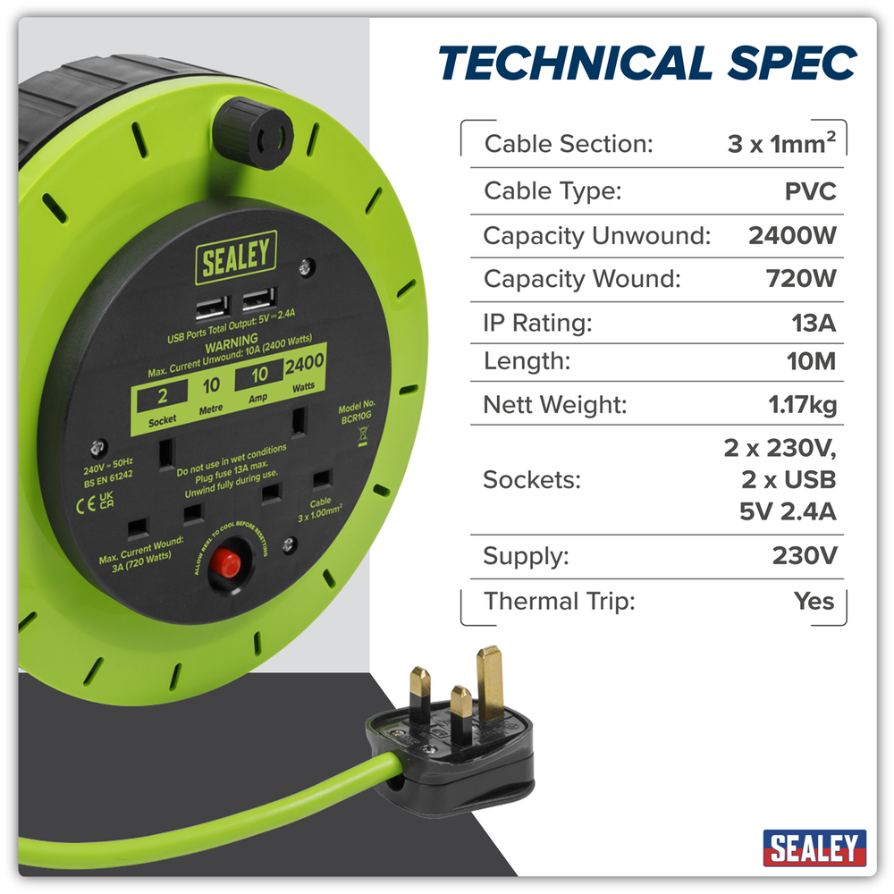Sealey BCR10G 10m Cassette Type Cable Reel with Thermal Trip 2 x 230V & 2 x USB - Hi-Vis Green - additional view 10