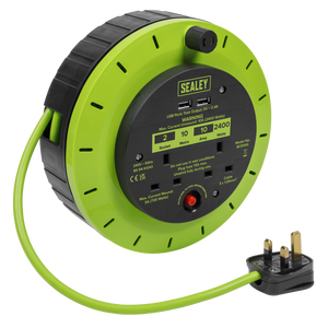 Sealey BCR10G 10m Cassette Type Cable Reel with Thermal Trip 2 x 230V & 2 x USB - Hi-Vis Green