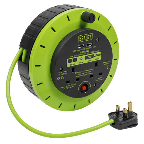 Sealey BCR10G 10m Cassette Type Cable Reel with Thermal Trip 2 x 230V & 2 x USB - Hi-Vis Green