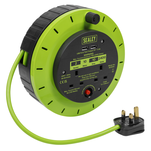 Sealey BCR10G 10m Cassette Type Cable Reel with Thermal Trip 2 x 230V & 2 x USB - Hi-Vis Green