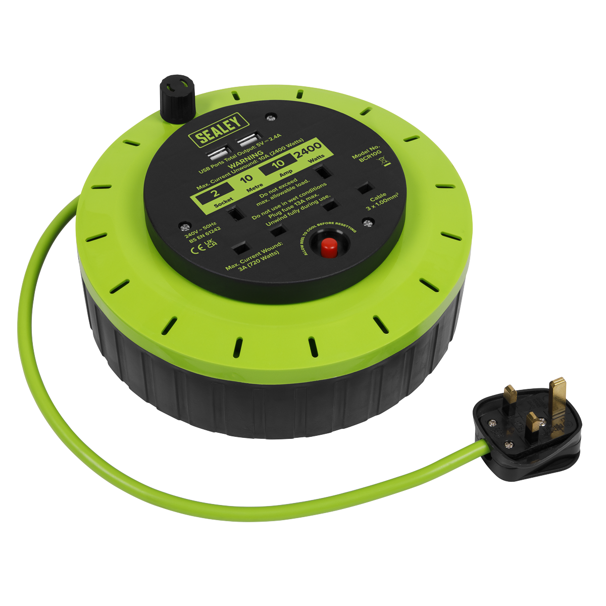 Sealey BCR10G 10m Cassette Type Cable Reel with Thermal Trip 2 x 230V & 2 x USB - Hi-Vis Green - additional view 11